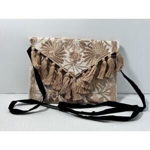 Mexico artisanal embroidered Floral fringe pom pom shoulder/clutch bag Tan
